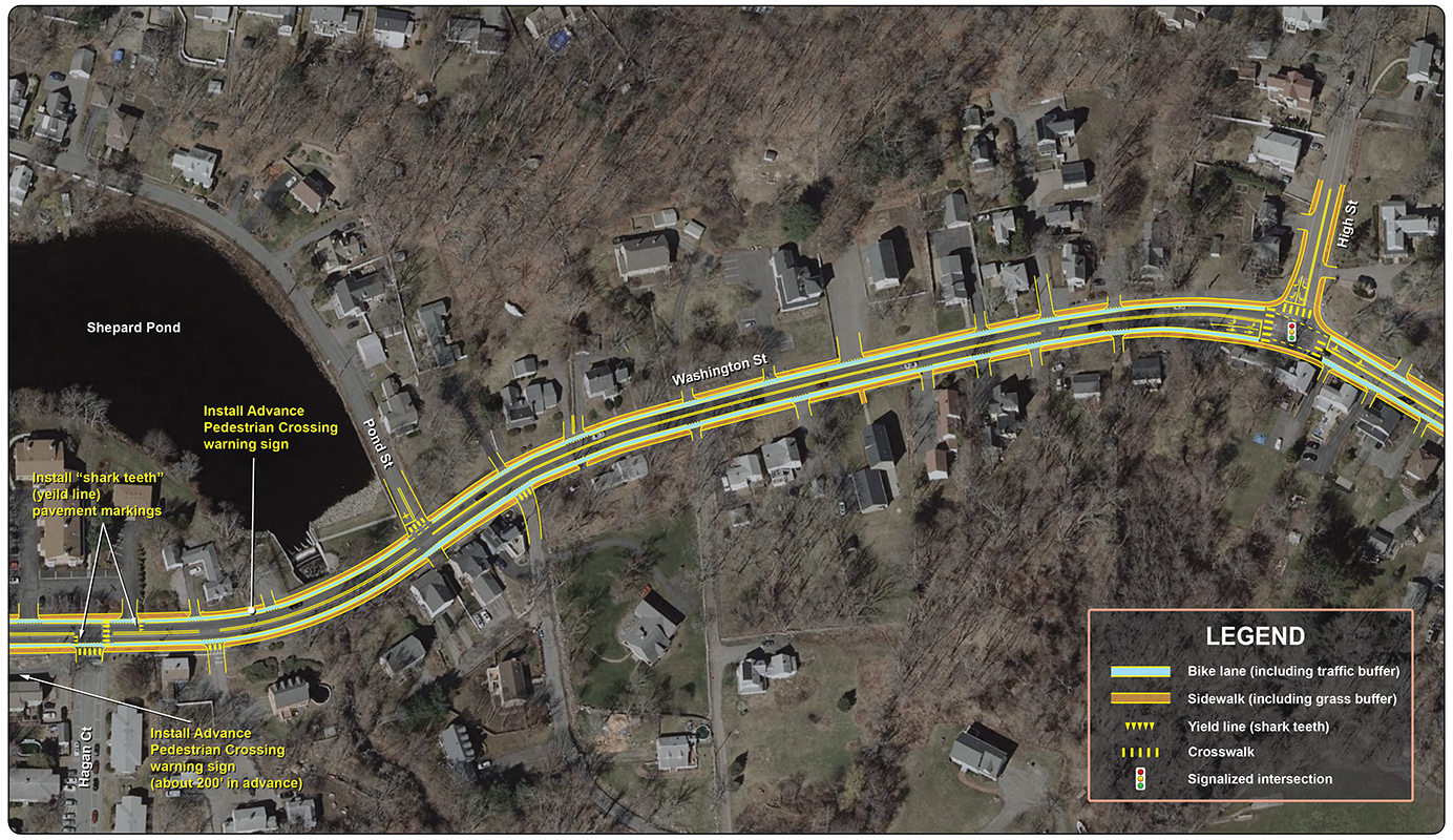Figure 20: Residential Section Conceptual Plan
This figure displays an aerial satellite image with proposed improvements in the residential section of the Washington Street corridor. Notable improvements include a signal at the High Street intersection and implementing bike lanes along the roadway.
Figure 20: Residential Section Conceptual Plan
This figure displays an aerial satellite image with proposed improvements in the residential section of the Washington Street corridor. Notable improvements include a signal at the High Street intersection and implementing bike lanes along the roadway.